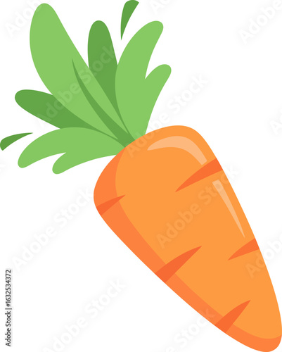 A single bright orange cartoon carrot with lush green tops and glossy highlights.