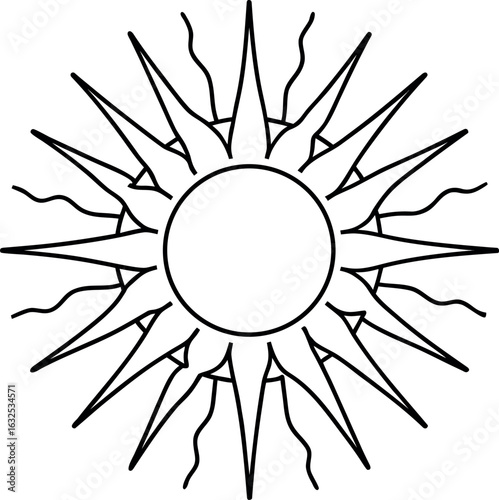 Celestial sunburst solar flare light rays simple vector line art illustration