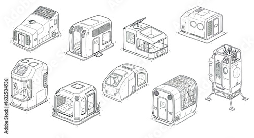 Futuristic modular tiny homes collection in detailed line art style
