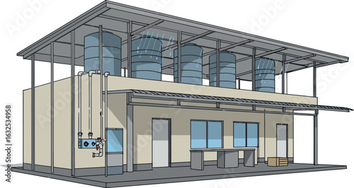 Modern rainwater harvesting building with rooftop tanks and steel structure