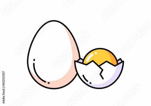 Cartoon Illustration of a Whole Egg and a Cracked Egg with Yolk.