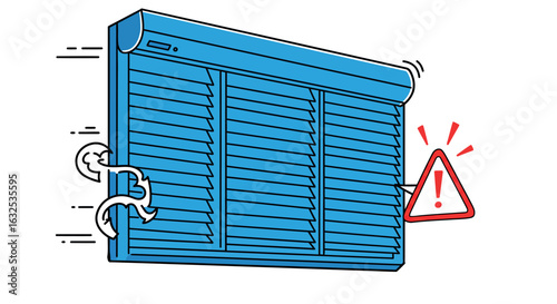 Dynamic window blinds with speed and alert symbols in cartoon style