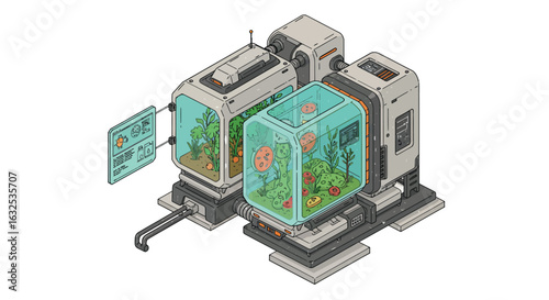 Futuristic isometric biolab with aquatic and botanical ecosystems in cube chambers