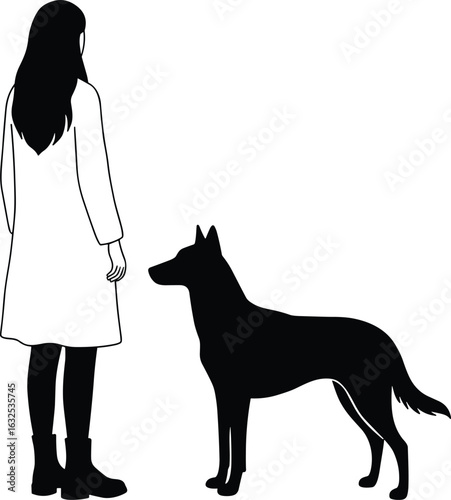 Silhouette of woman and dog, standing together in profile, long hair dress boots, cad drawing flat vector illustration, pet companionship
