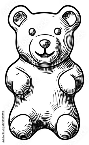 Sweet Gummy Bear Candy in Classic Black and White Outline Line Art Drawing Style Isolated Object