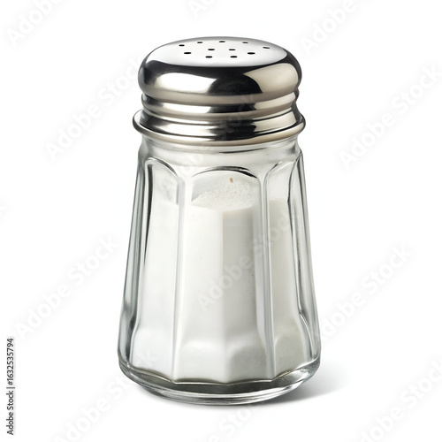 Glass salt shaker with metal lid isolated on white background