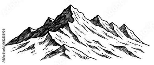 Tall Snowy Mountain Peaks Range Alpine Landscape Black and White Outline Line Art Drawing Vector Illustration