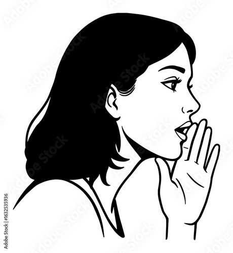 Woman Whispering with Hand Near Mouth in Black and White Outline Line Art Drawing Profile View