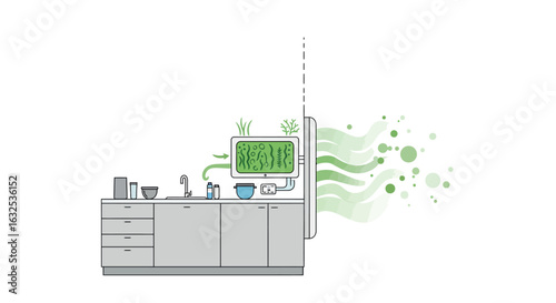 Futuristic kitchen with algae cultivation system for sustainable living