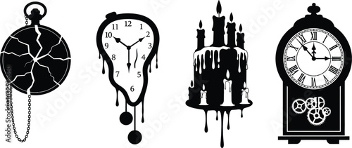 Surreal melting clocks and broken pocket watch silhouette