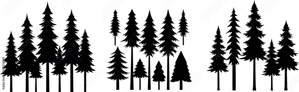 Obraz premium Forest Silhouette: A striking visual of a group of evergreen trees in a forest, captured as a monochrome silhouette, creating a minimalist yet impactful display of nature's tranquility.