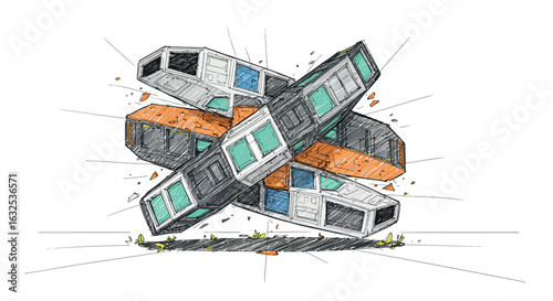 Futuristic modular architecture with sketch style and geometric design