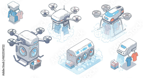 Futuristic laundry drones and machines in isometric design