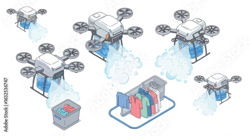 Isometric drones delivering clean laundry with steam concept