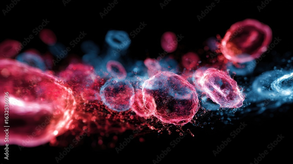 Obraz premium 3D visualization of blood transfusion reaction illustrating aggressive antibody attack on donor cells explosive interaction in glowing red and blue hues.