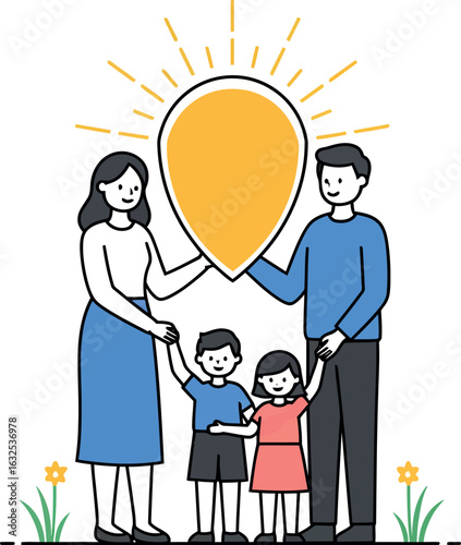 Happy family with parenthood concept and location marker in doodle style