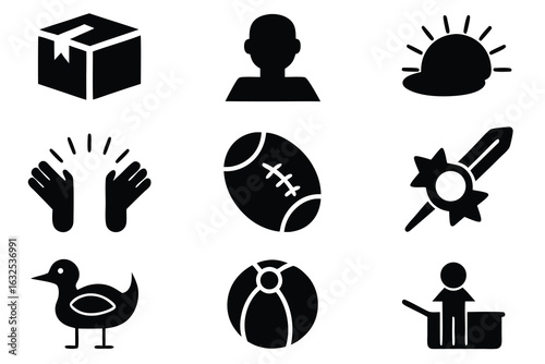 Black and white icons representing objects and activities set of silhouettes