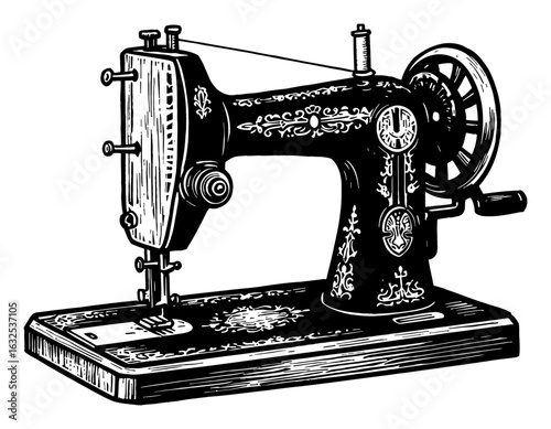 Old Mechanic Sewing Machine Vintage Mechanical Detailed Illustration Black and White Outline Line Art Drawing