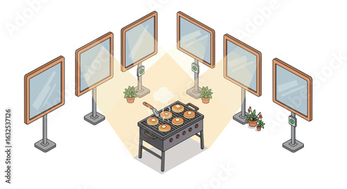 Isometric food display with cooking station and digital screens