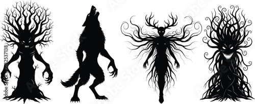 Four fantasy creatures in a dark silhouette style