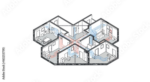 Modern isometric hvac system diagram in residential building layout