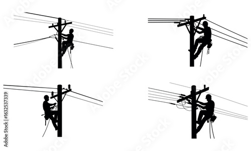 Silhouettes of linemen working on electric poles with safety harnesses and tools

