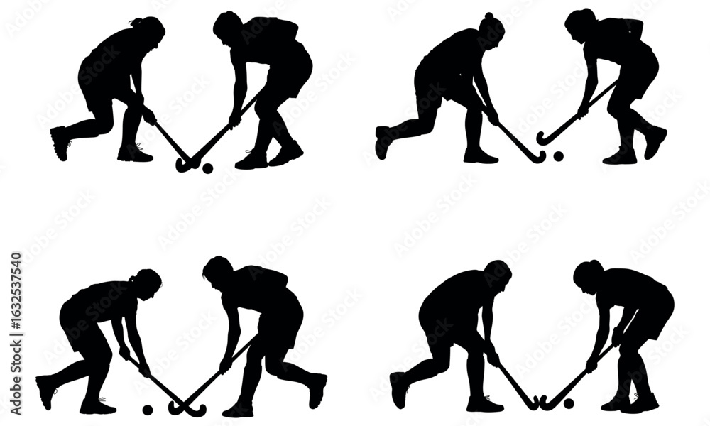 Obraz premium Silhouettes of field hockey players in action poses for team sport and competition designs 
