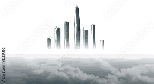 Futuristic skyscrapers emerging through cloud layered skyline