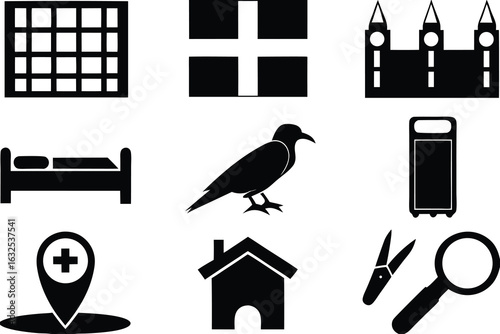 Black and white icons representing various objects and concepts set of silhouettes