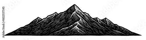 Detailed Majestic Mountain Range Black and White Outline Line Art Drawing Vintage Engraving Style Landscape
