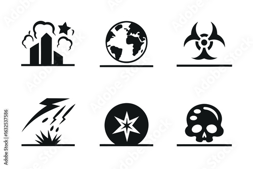 Black and white icons representing danger and global issues set of silhouettes