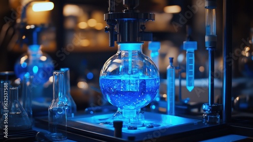 Illuminated blue liquid in a laboratory flask, scientific apparatus in a dark lab
