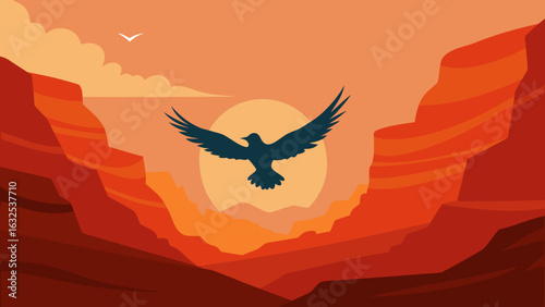 bird flying over sunny canyon