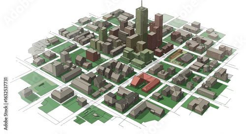 Isometric urban cityscape with green spaces and skyscrapers