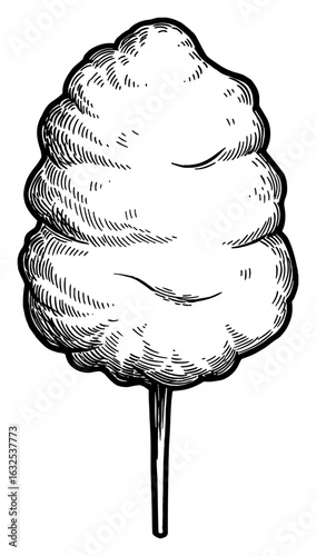 Delicious Cotton Candy Fluffy Sugar Treat on a Stick Black and White Outline Line Art Drawing