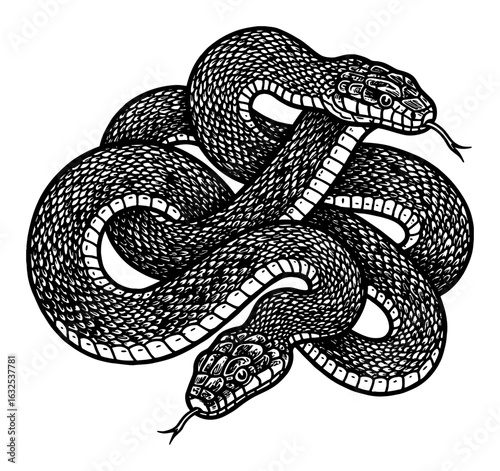 Two Binded Snakes Intertwined Artistic Black and White Outline Line Art Drawing Detailed Vintage Engraving Style
