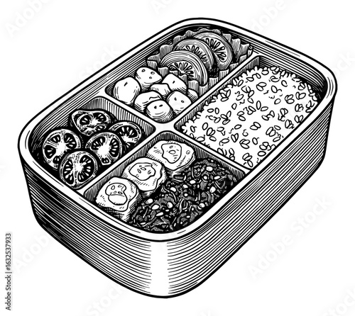 Healthy Lunchbox with Rice and Various Vegetables and Side Dishes Black and White Outline Line Art Drawing
