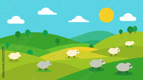 flock of sheep grazing in sunny meadow