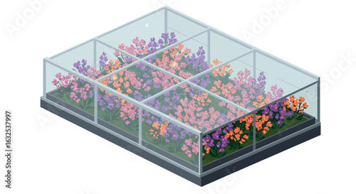 Vibrant isometric greenhouse with blossoming colors of pink, purple, and orange flowers