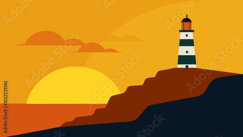 lighthouse on cliff edge in golden sunlight
