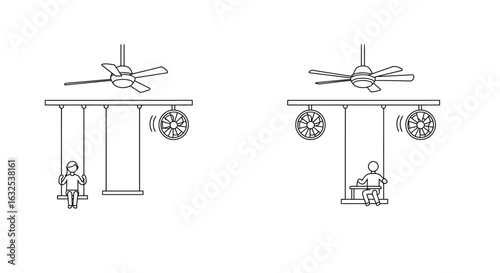 Minimalist line art of ceiling fan swings with children in playground