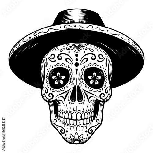 Traditional Mexican Sugar Candy Skull with Sombrero Day of Dead Black and White Outline Line Art Drawing