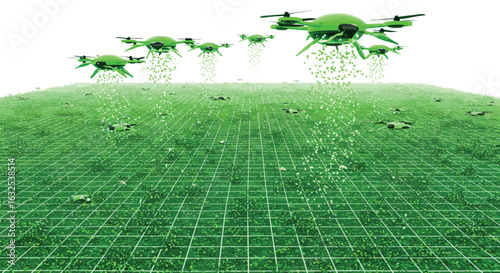 Innovative agriculture: green drones sowing seeds in a digital field