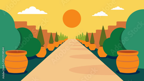 sun kissed garden path with ceramic pots