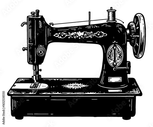 Simple Old Mechanic Sewing Machine Front View Vintage Antique Device Black and White Outline Line Art Drawing