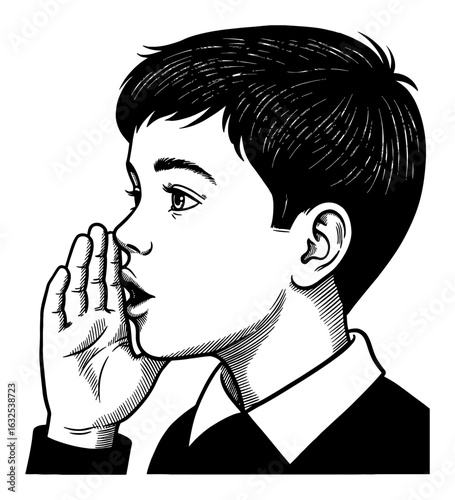 Boy Whispering Secret with Hand Near Mouth in a Classic Black and White Outline Line Art Drawing