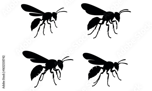 Silhouettes of flying wasps with sharp wings and stingers for pest and insect related designs

