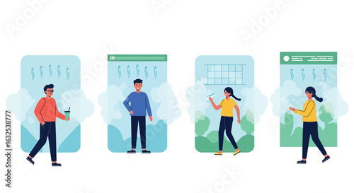 Diverse people interacting with digital platforms: technology and daily life scene