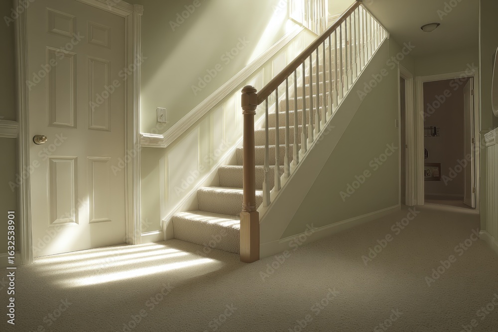 Fototapeta premium Sunlight streams into a light-filled hallway with stairs