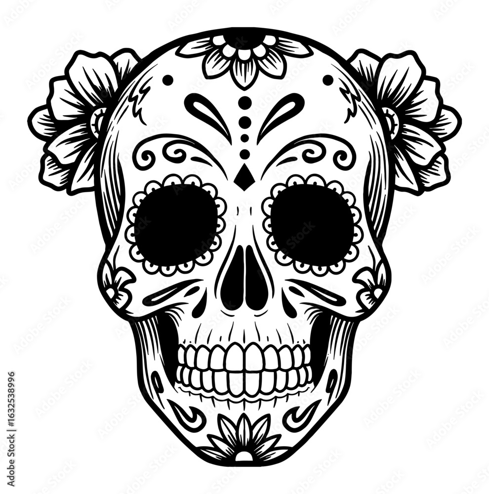 Fototapeta premium Mexican Day of the Dead Sugar Candy Skull with Floral Ornaments Black and White Outline Line Art Drawing